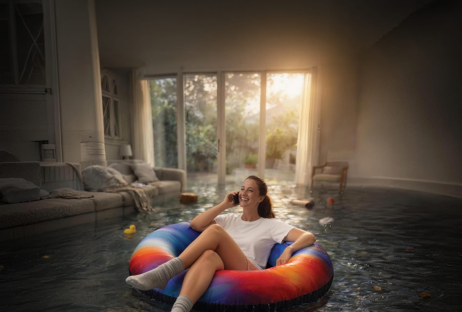 A homeowner floating calmly on an inflatable ring in her flooded living room, smiling on the phone with the restoration team