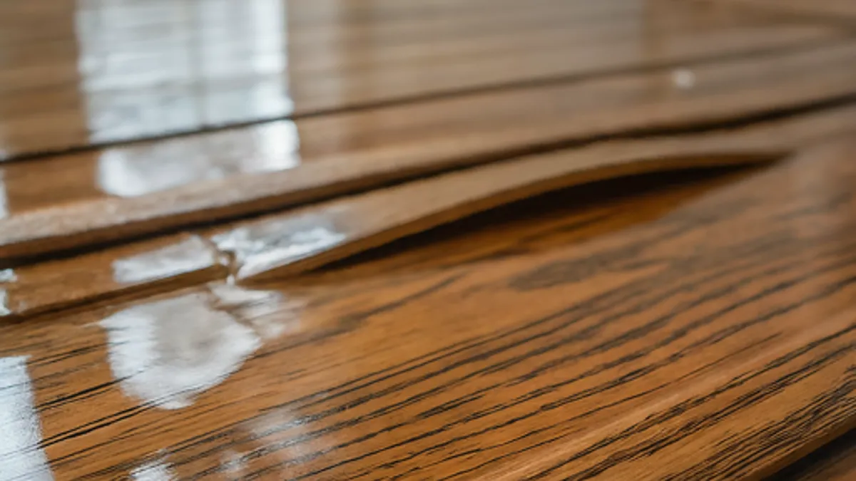 Water standing on a hardwood floor whose boards have swollen and lifted at the joints