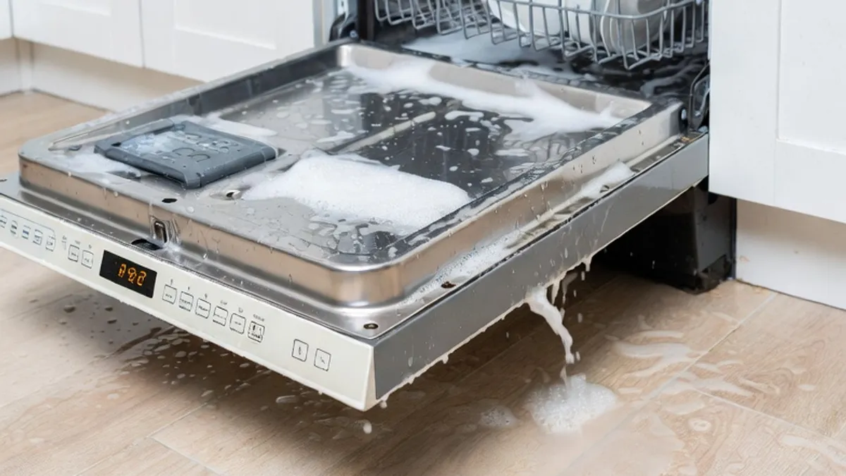 An open dishwasher with detergent suds spilled across the inside of its door and onto the floor